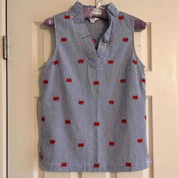 crown & ivy Tops - crown & ivy Blue and White Striped Sleeveless Blouse with Red Crab Embroidery